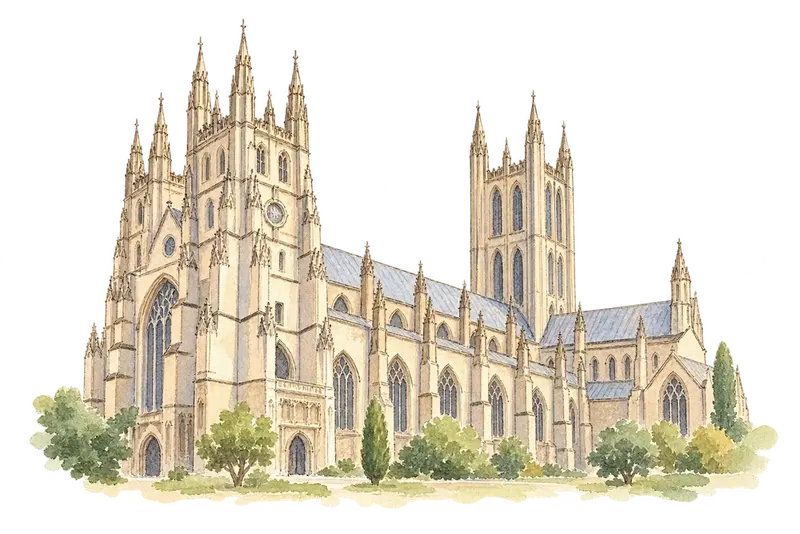 Canterbury Cathedral, St Augustine's Abbey, and St Martin's Churchの水彩スケッチ