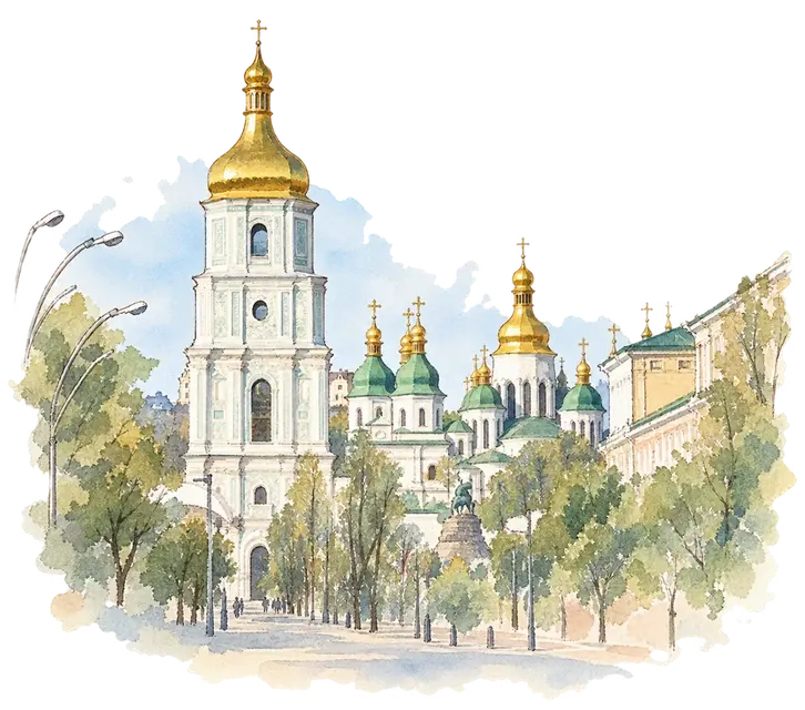 Kyiv: Saint-Sophia Cathedral and Related Monastic Buildings, Kyiv-Pechersk Lavraの水彩スケッチ