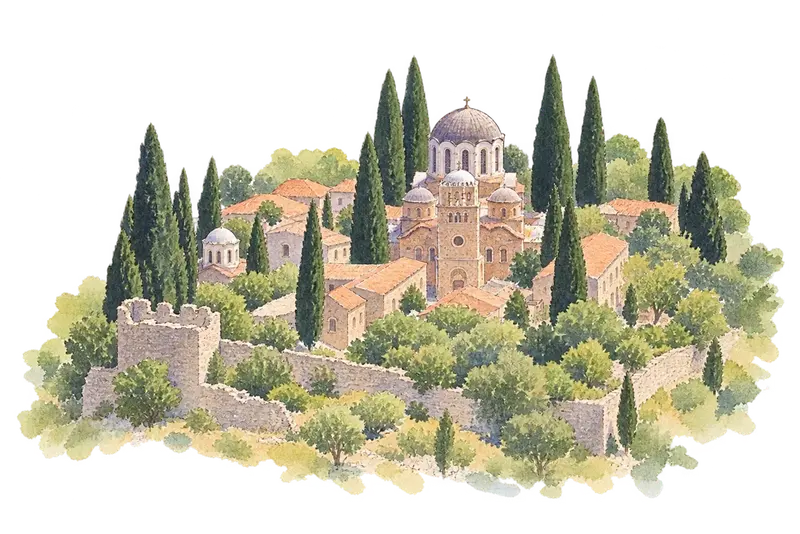 Monasteries of Daphni, Hosios Loukas and Nea Moni of Chiosの水彩スケッチ