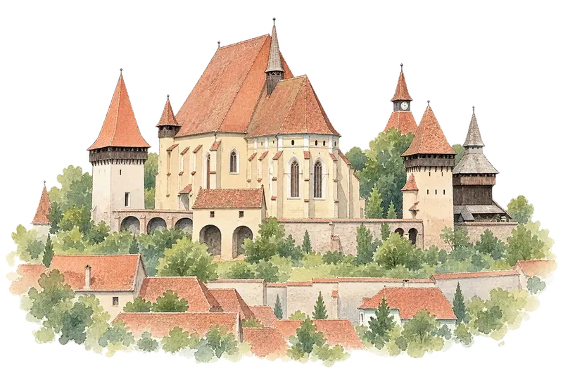 Villages with Fortified Churches in Transylvaniaの水彩スケッチ