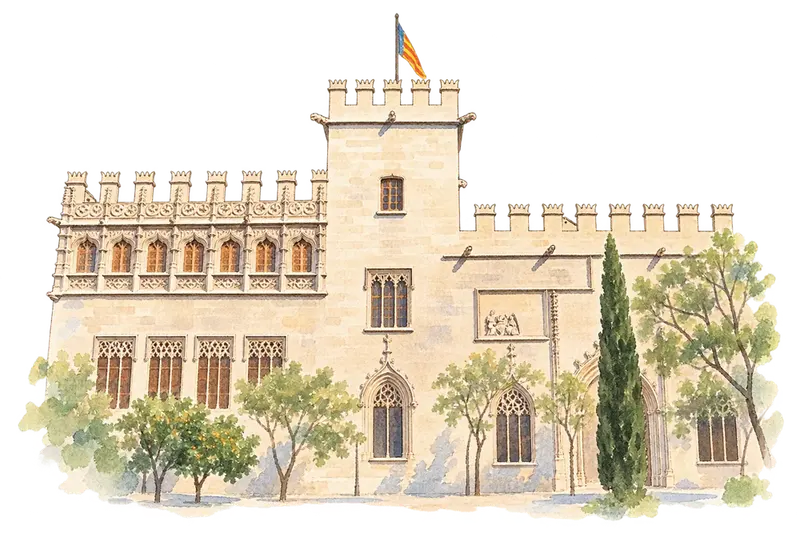 La Lonja de la Seda de Valenciaの水彩スケッチ