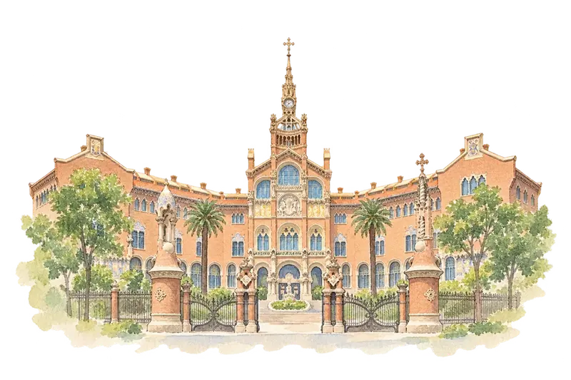 Palau de la Música Catalana and Hospital de Sant Pau, Barcelonaの水彩スケッチ