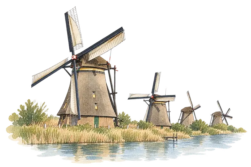 Mill Network at Kinderdijk-Elshoutの水彩スケッチ