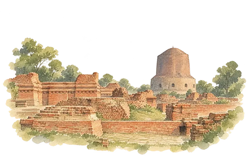 Ancient Buddhist Site of Sarnathの水彩スケッチ