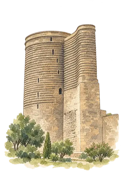 Walled City of Baku with the Shirvanshah's Palace and Maiden Towerの水彩スケッチ