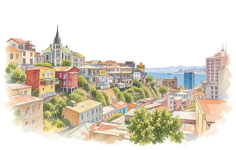 Historic Quarter of the Seaport City of Valparaísoの水彩スケッチ