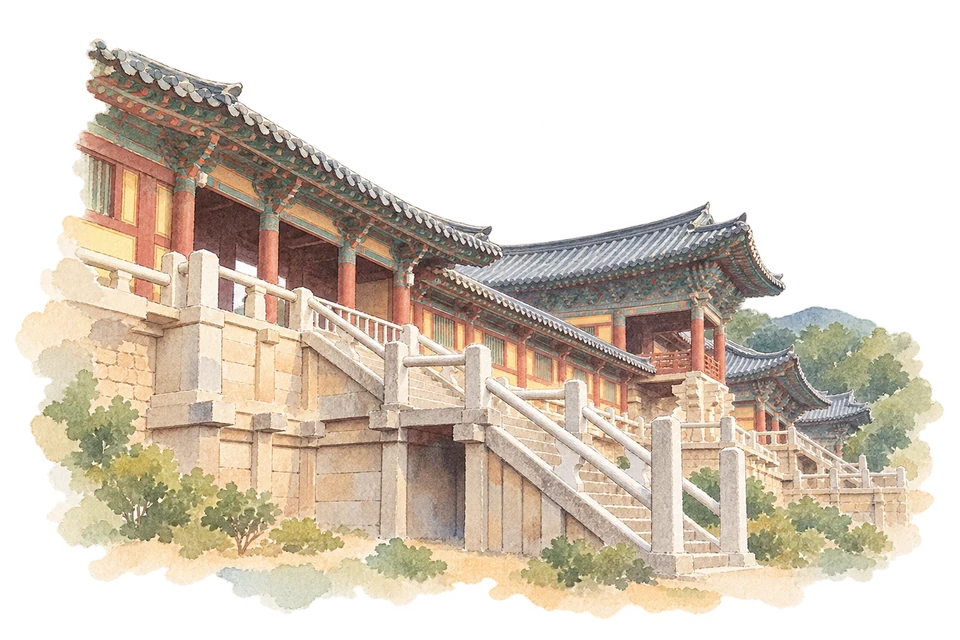 石窟庵と仏国寺を描いた淡い水彩スケッチ
