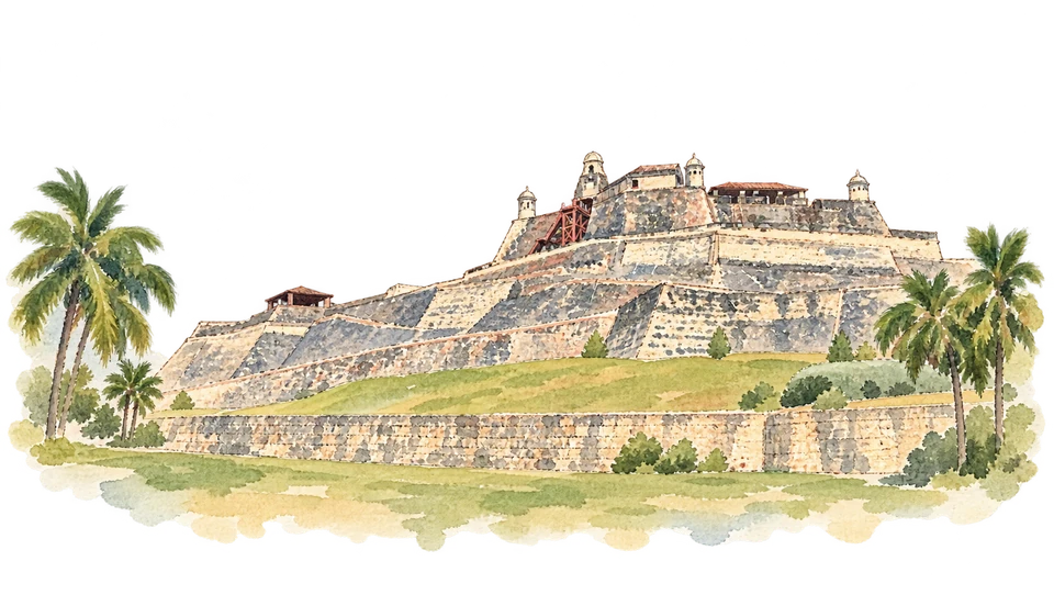 カルタヘナの港、要塞、歴史的建造物群を描いた淡い水彩スケッチ