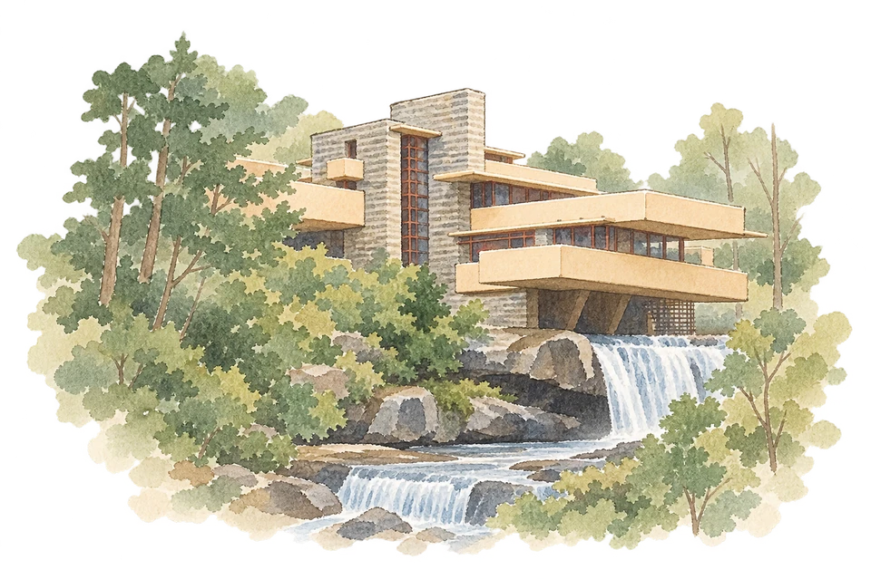 フランク・ロイド・ライトの20世紀建築作品群を描いた淡い水彩スケッチ