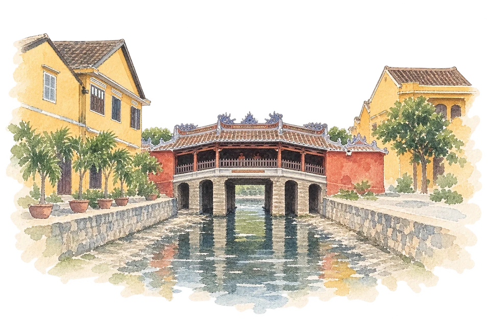ホイアン旧市街を描いた淡い水彩スケッチ