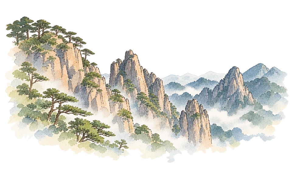黄山を描いた淡い水彩スケッチ