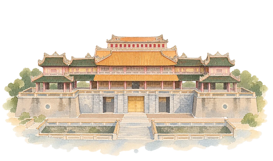 フエの建造物群を描いた淡い水彩スケッチ