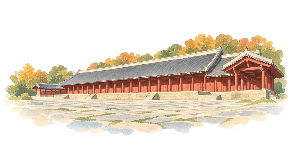 宗廟を描いた淡い水彩スケッチ