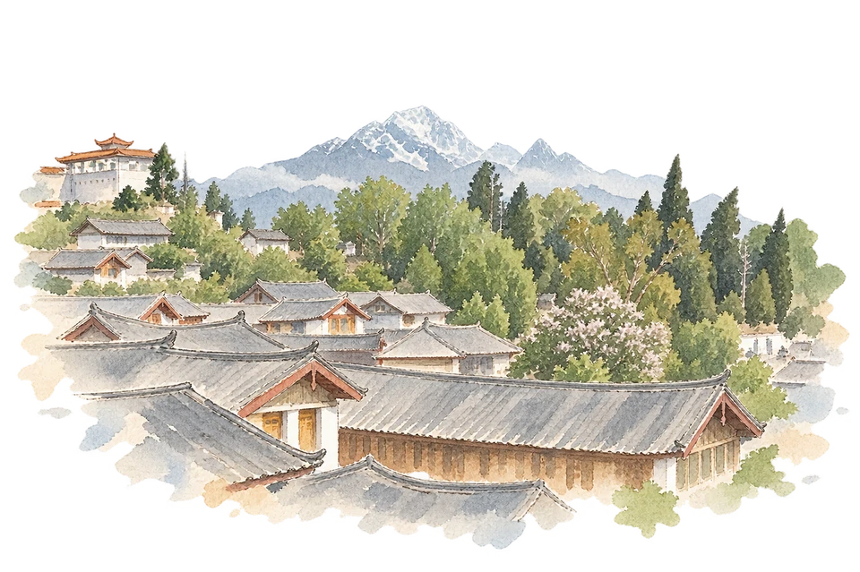 麗江古城を描いた淡い水彩スケッチ