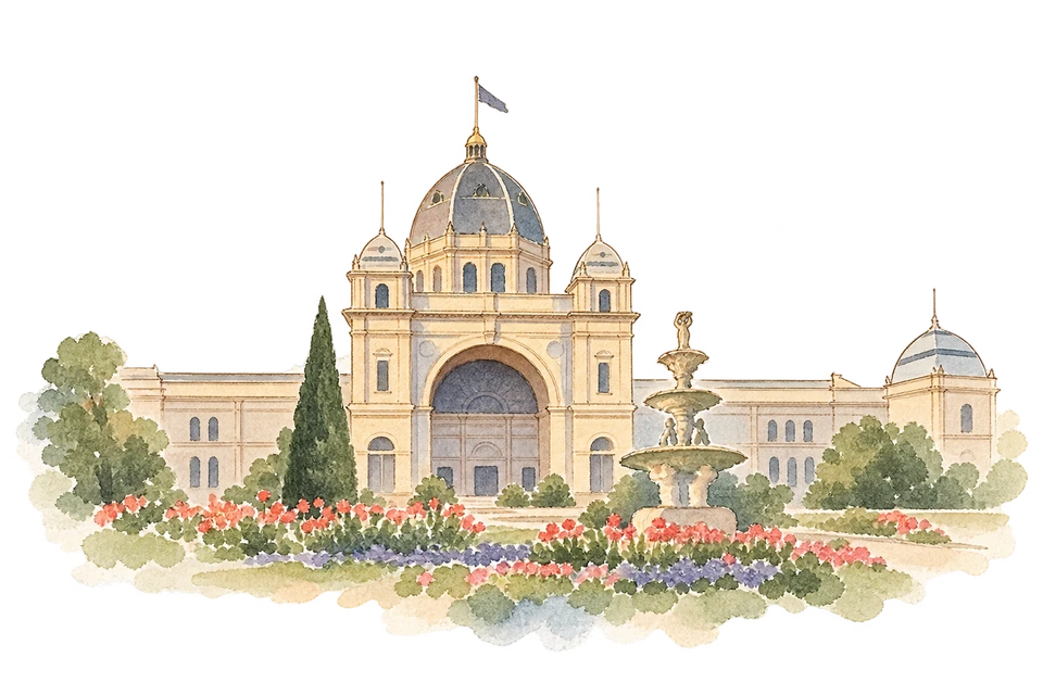 王立展示館とカールトン庭園を描いた淡い水彩スケッチ