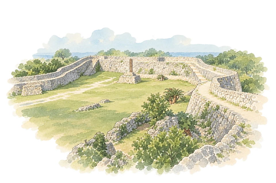 琉球王国のグスク及び関連遺産群を描いた淡い水彩スケッチ