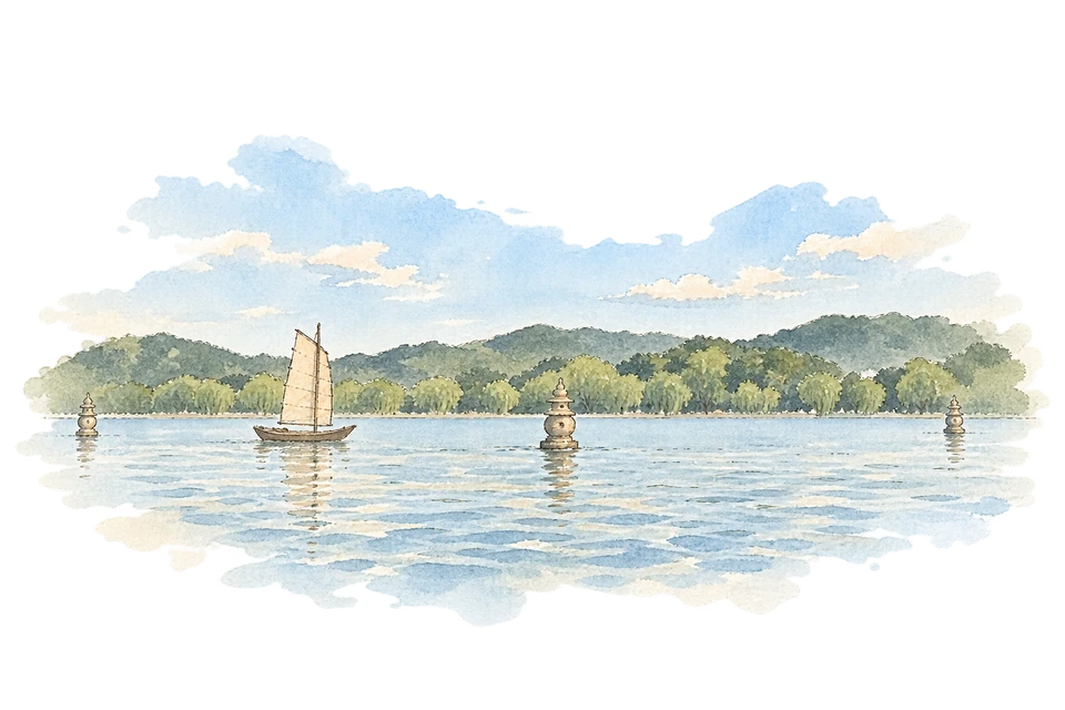 杭州西湖の文化的景観を描いた淡い水彩スケッチ