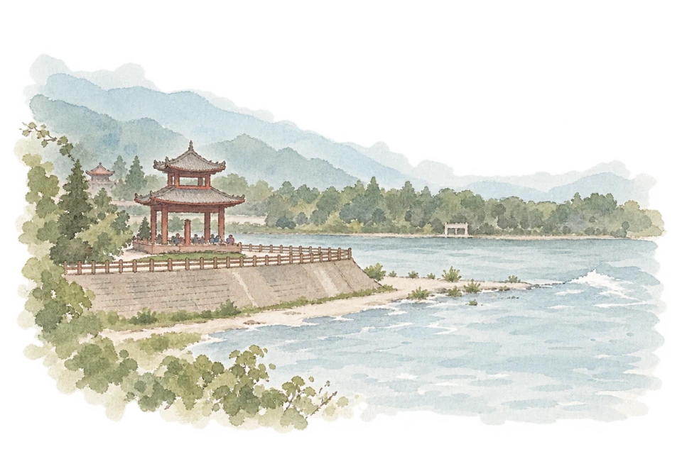 都江堰水利施設を描いた淡い水彩スケッチ