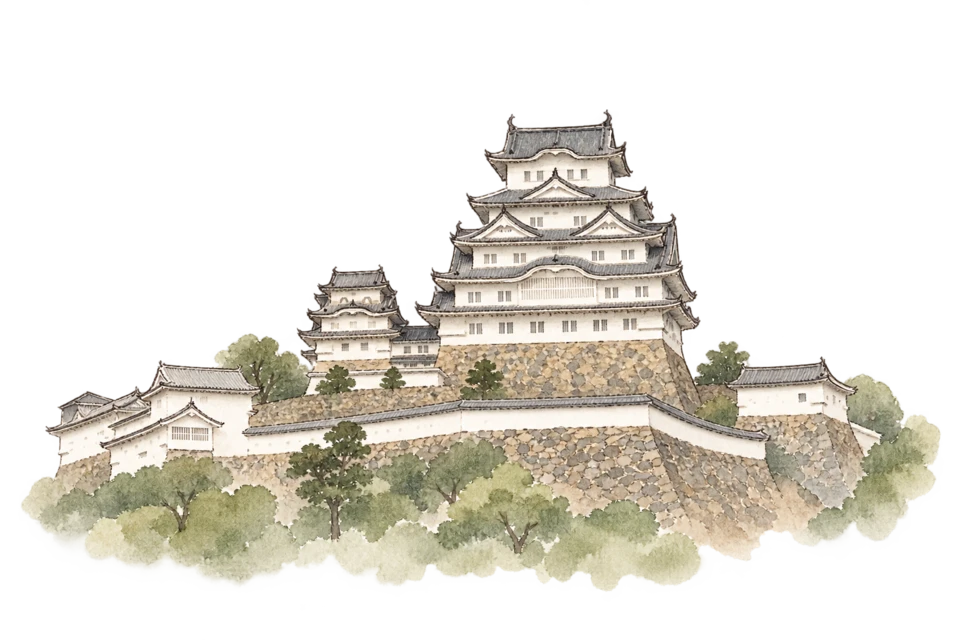 姫路城を描いた淡い水彩スケッチ