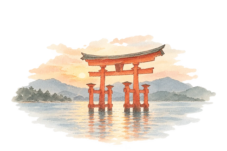 厳島神社を描いた淡い水彩スケッチ