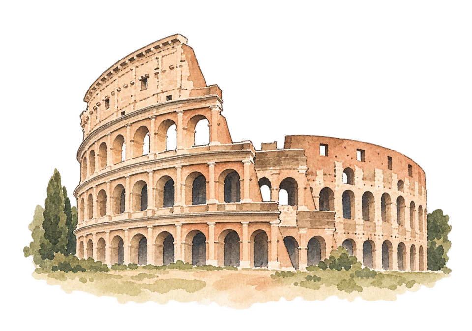 ローマ歴史地区を描いた淡い水彩スケッチ