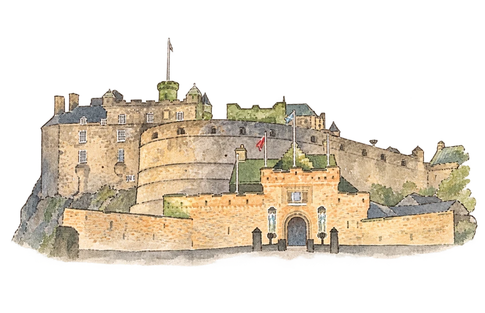 エディンバラの旧市街を描いた淡い水彩スケッチ
