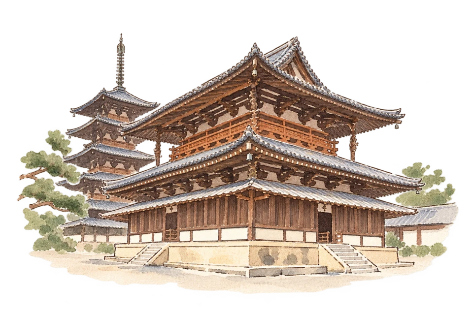 法隆寺を描いた淡い水彩スケッチ