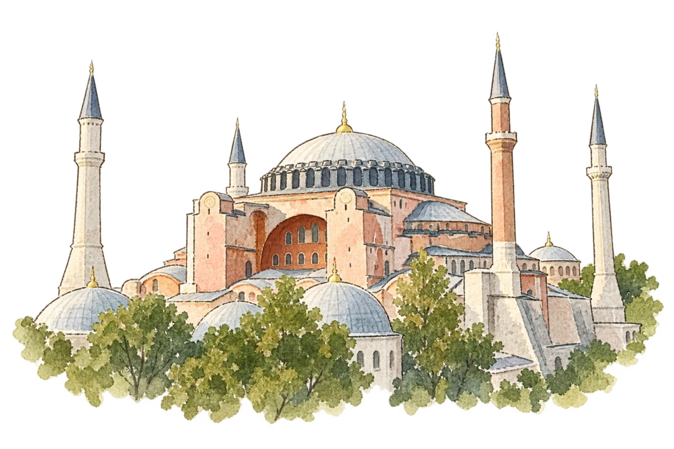 イスタンブール歴史地域を描いた淡い水彩スケッチ