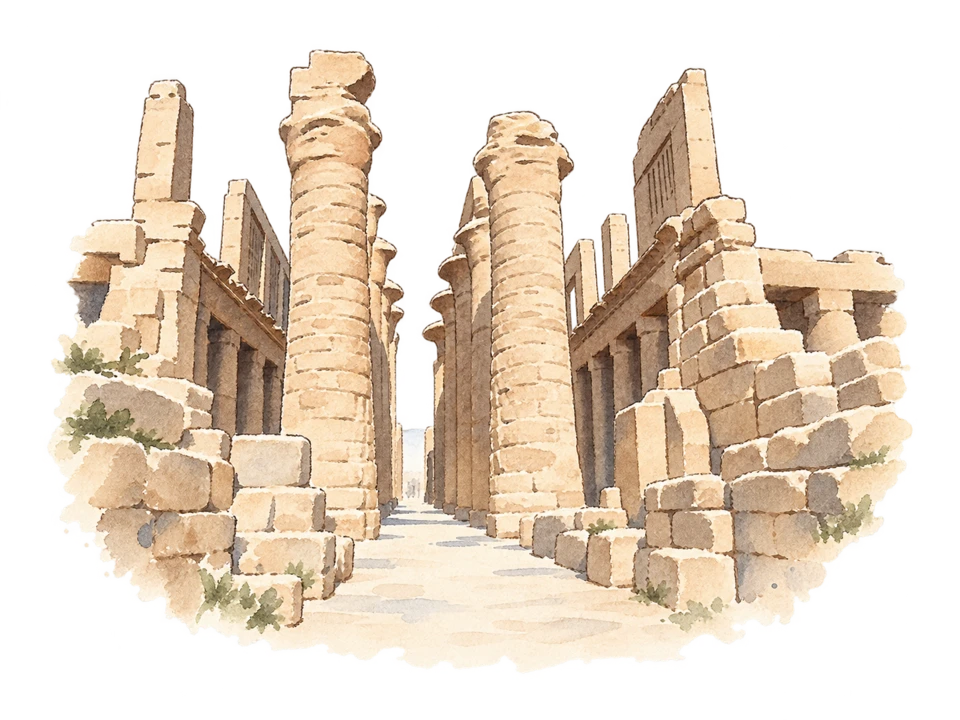 古代テーベを描いた淡い水彩スケッチ