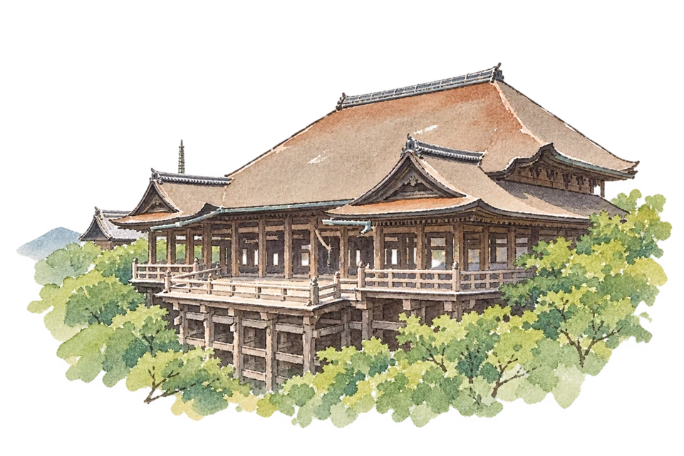 清水寺を描いた淡い水彩スケッチ
