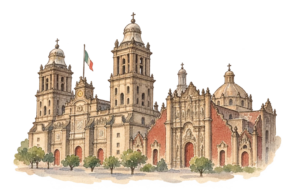 メキシコシティ歴史地区を描いた淡い水彩スケッチ