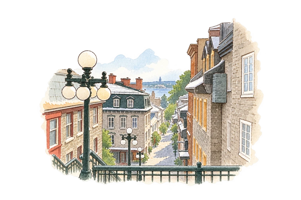 ケベック旧市街を描いた淡い水彩スケッチ