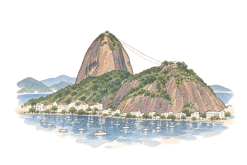 リオデジャネイロの景観を描いた淡い水彩スケッチ