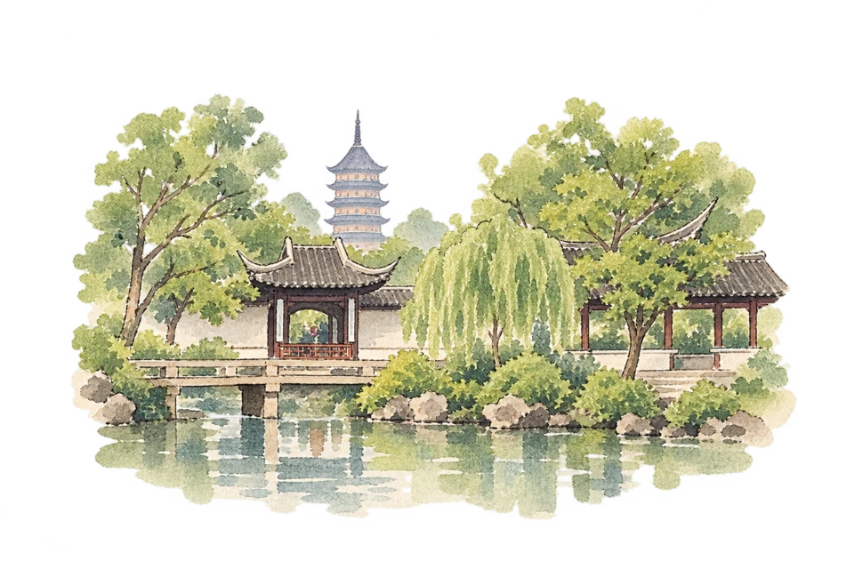 蘇州古典園林を描いた淡い水彩スケッチ