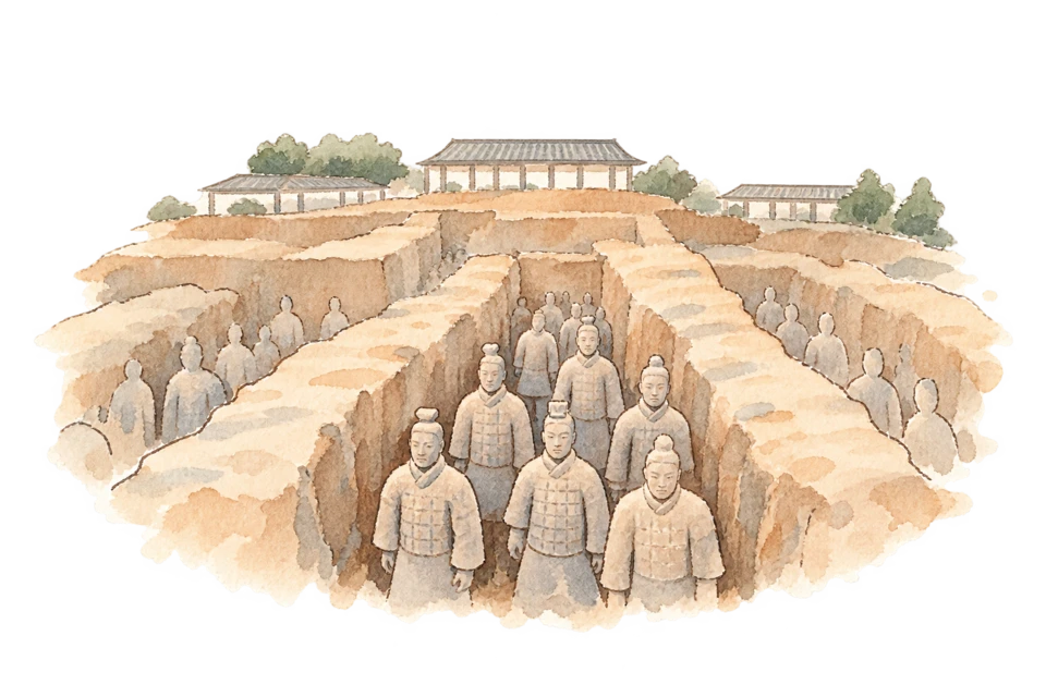 秦始皇帝陵と兵馬俑を描いた淡い水彩スケッチ