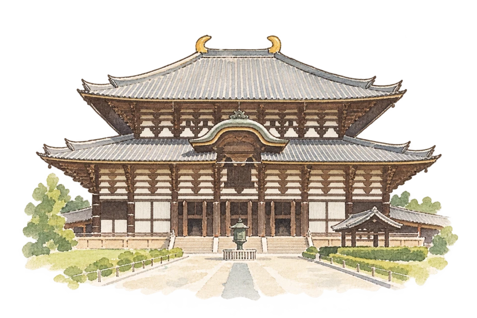 東大寺を描いた淡い水彩スケッチ