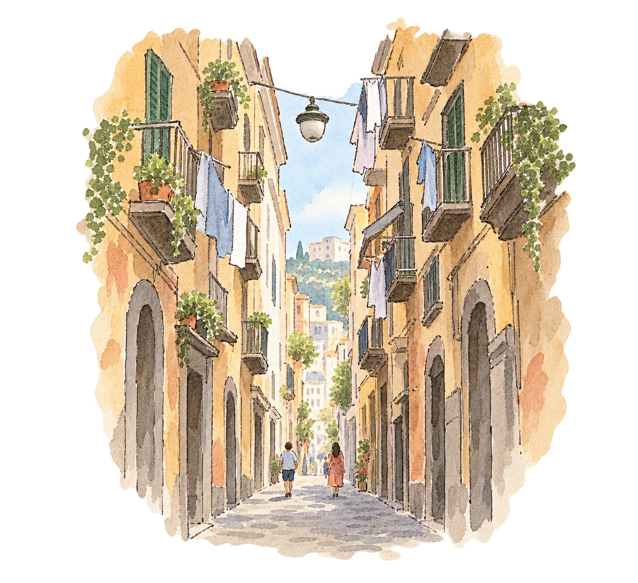 ナポリ歴史地区の路地を描いた水彩イラスト