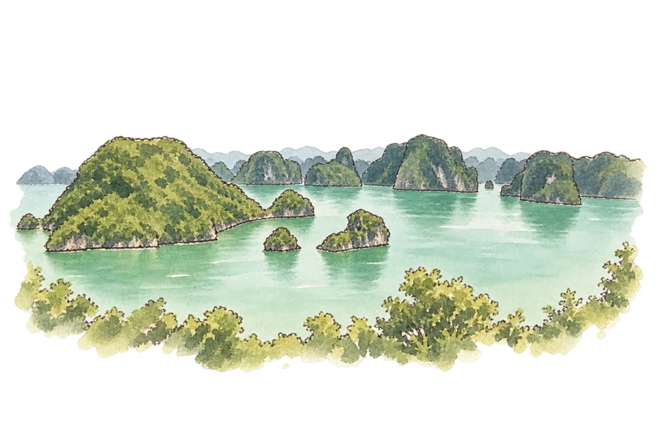 ハロン湾とカットバ群島を描いた淡い水彩スケッチ