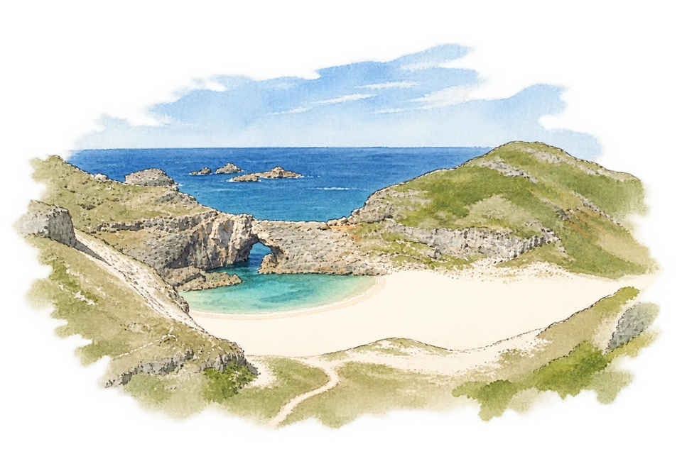 小笠原諸島・南島の扇池を描いた淡い水彩スケッチ